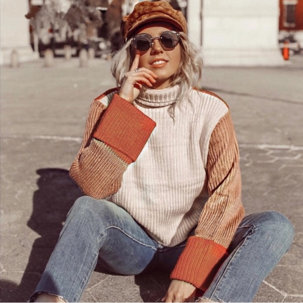 Cream Orange Color Block Turtleneck Knit Sweater - Picture 3 of 6